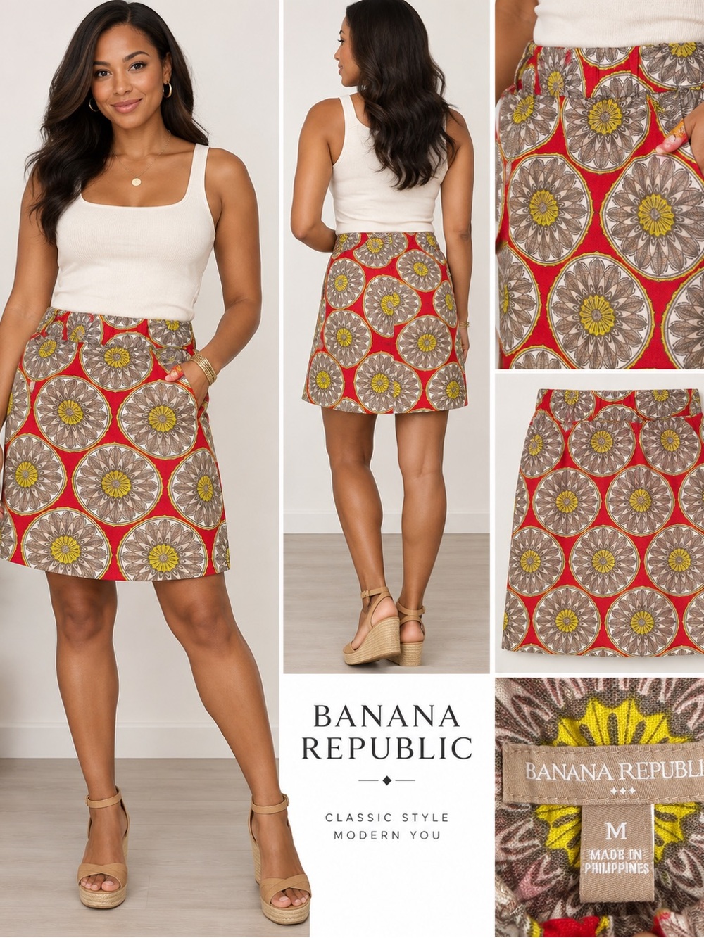 Banana Republic Red, Yellow and Gray Medallion Mini Skirt M size 8/10 (0021)